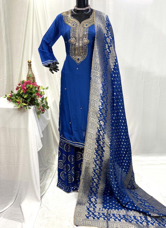 Uppda Silk Blue Traditional Wear Stone Work Readymade Sharara Suit